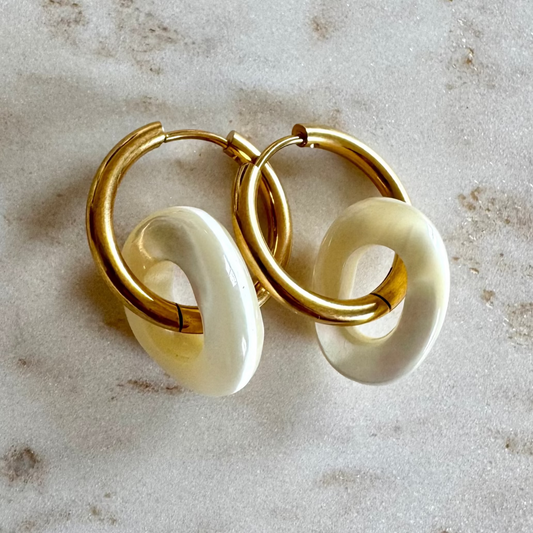 2 goldene Creolen mit ovalen Perlmutt Anhänger mit grossem Loch